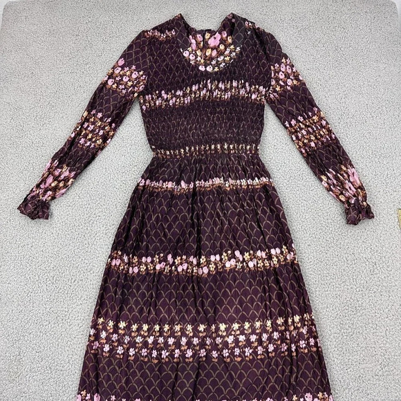 Vintage 70s Dress Size Small Floral Smocked Maxi Burgundy Boho Hippie - Picture 14 of 16
